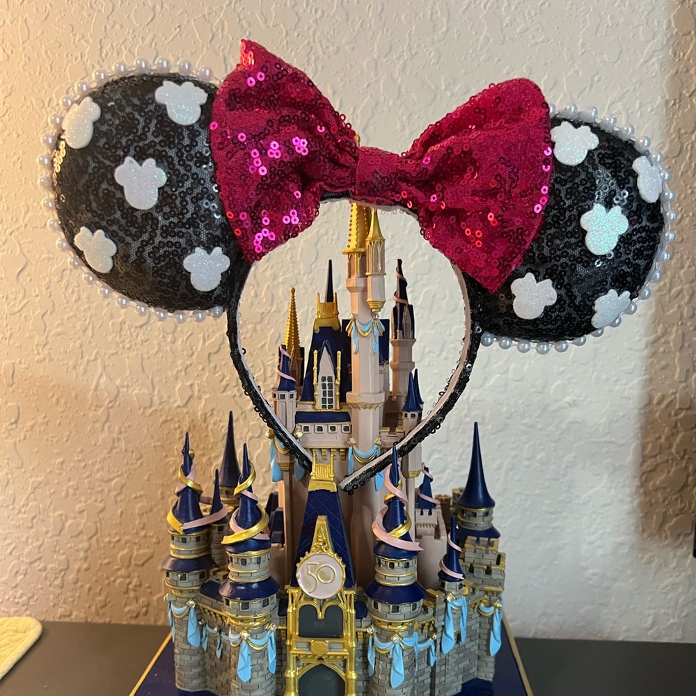 Disney inspired Sequin Minnie Ears Headband with Pink Bow
